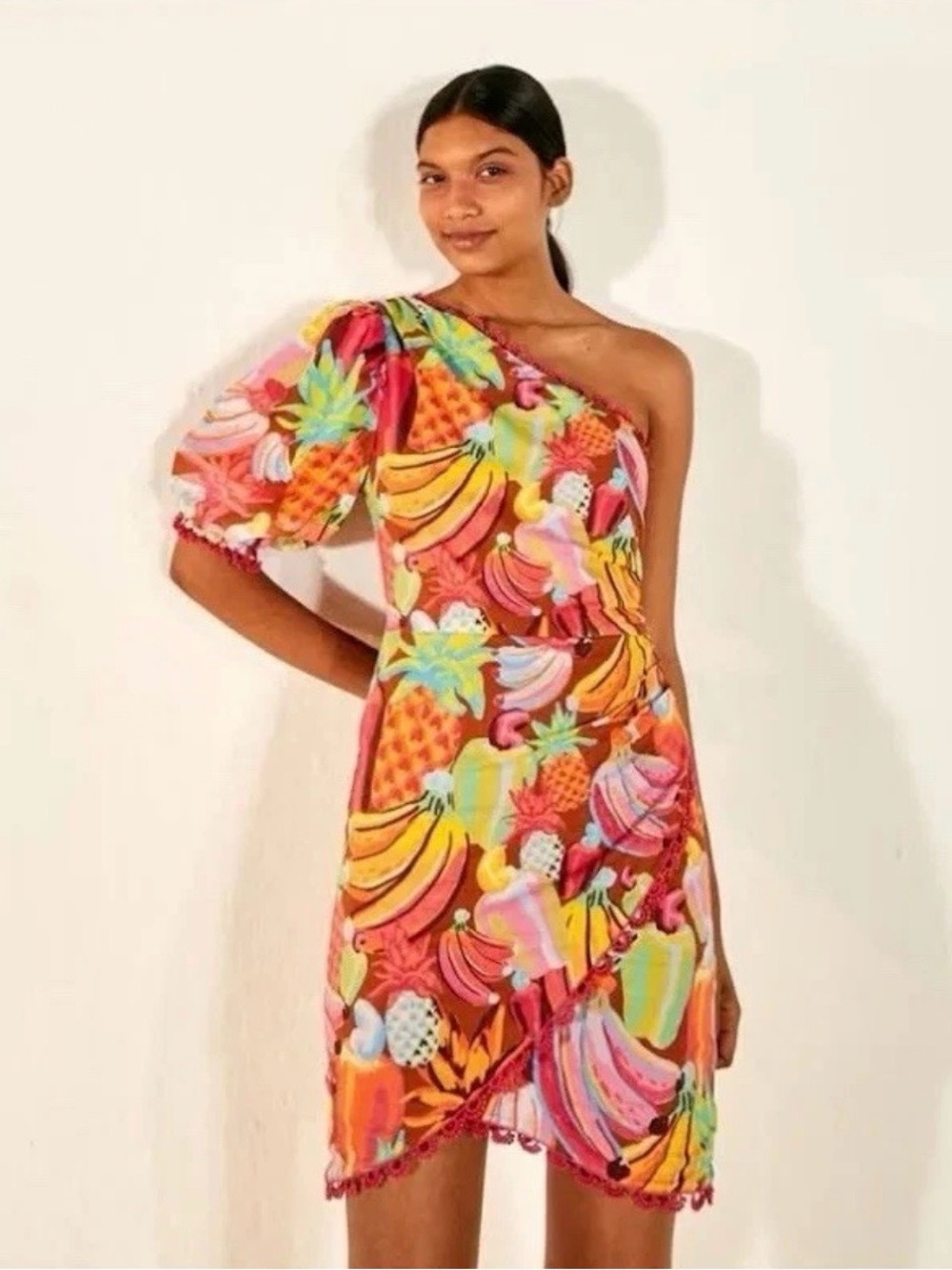 FARM RIO Fruit Salad One Shoulder Tropical Print Mini  Faux Wrap Dress Size S